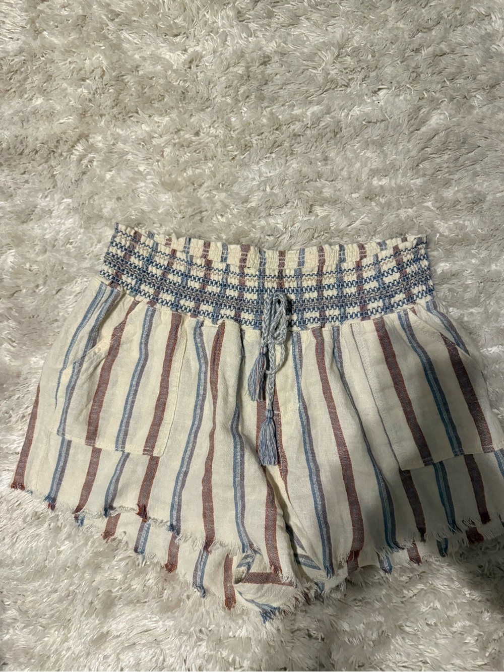 Rewash Cream Striped High-Waist Shorts with Tassel Tie